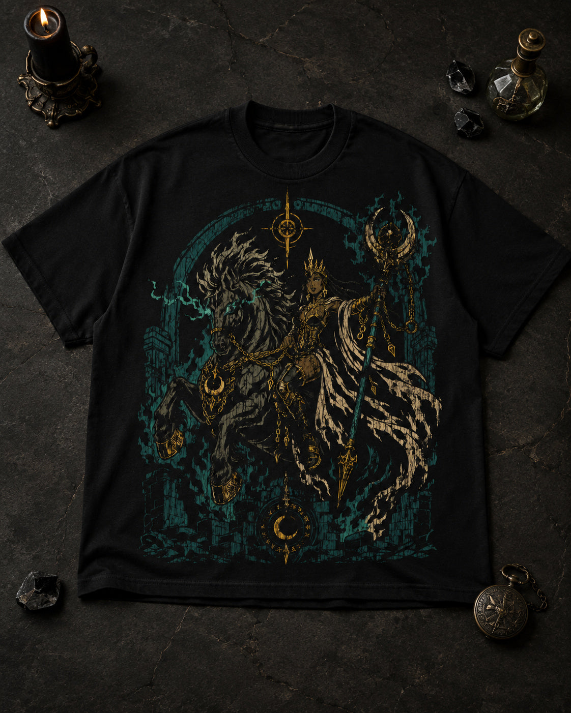 Onyx Rider Heavyweight Tee from Mythic Undrgrnd, a heavyweight oversized dark fantasy graphic tee.