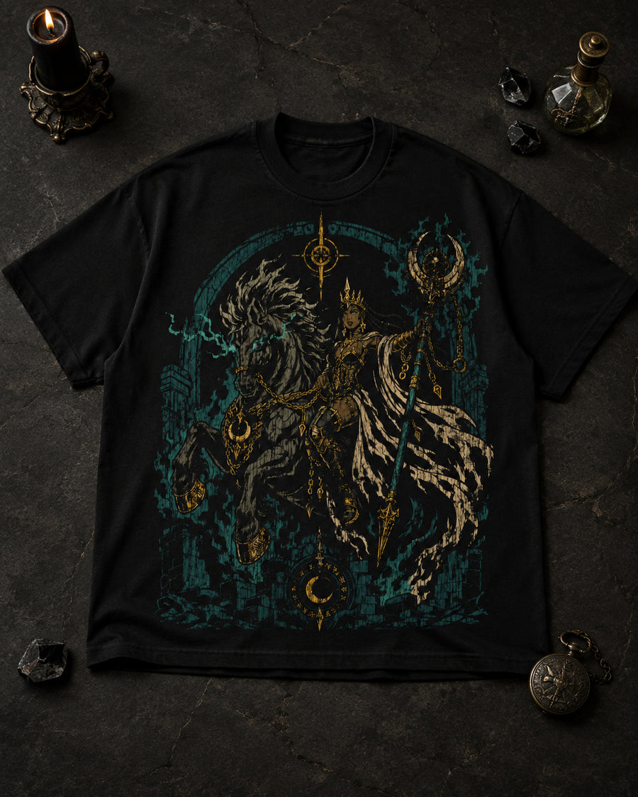 Onyx Rider Heavyweight Tee from Mythic Undrgrnd, a heavyweight oversized dark fantasy graphic tee.
