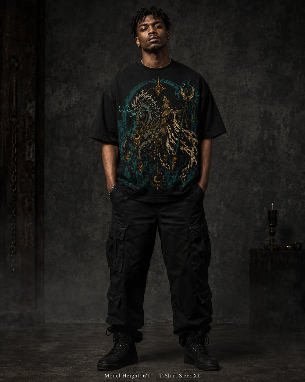 Onyx Rider Heavyweight Tee from Mythic Undrgrnd, a heavyweight oversized dark fantasy graphic tee.