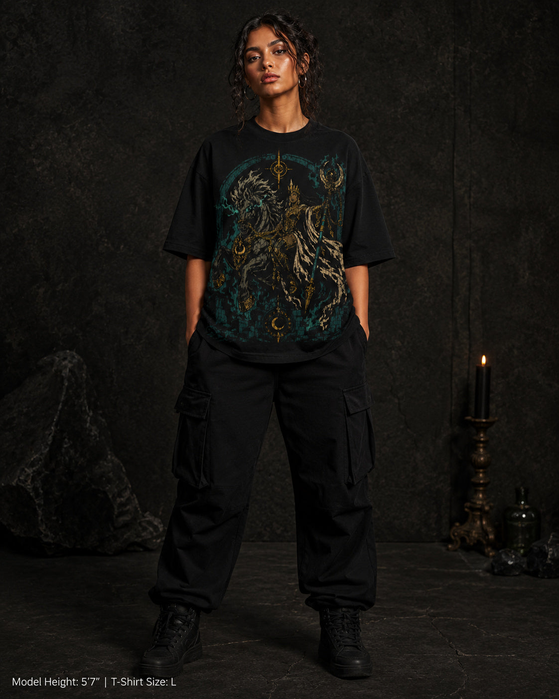 Onyx Rider Heavyweight Tee from Mythic Undrgrnd, a heavyweight oversized dark fantasy graphic tee.