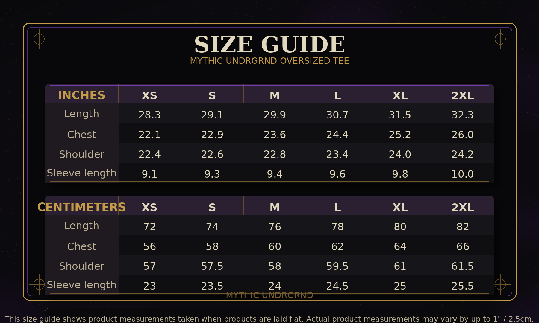 Mythic Undrgrnd oversized tee size guide with measurements in inches and centimeters